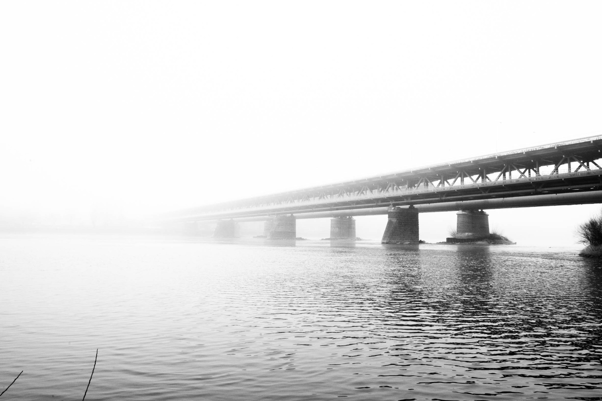 A bridge receding into fog over the river