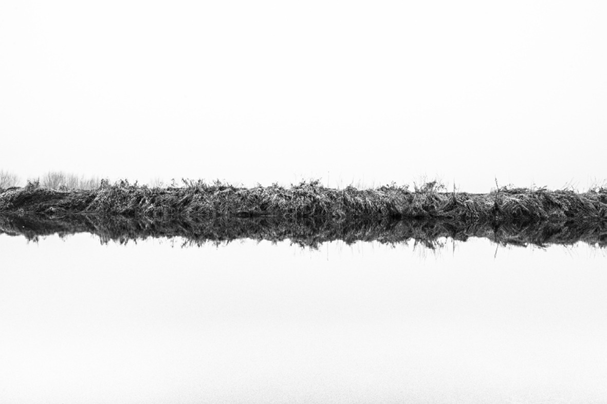 A low strip of riverbank reflected in pale water