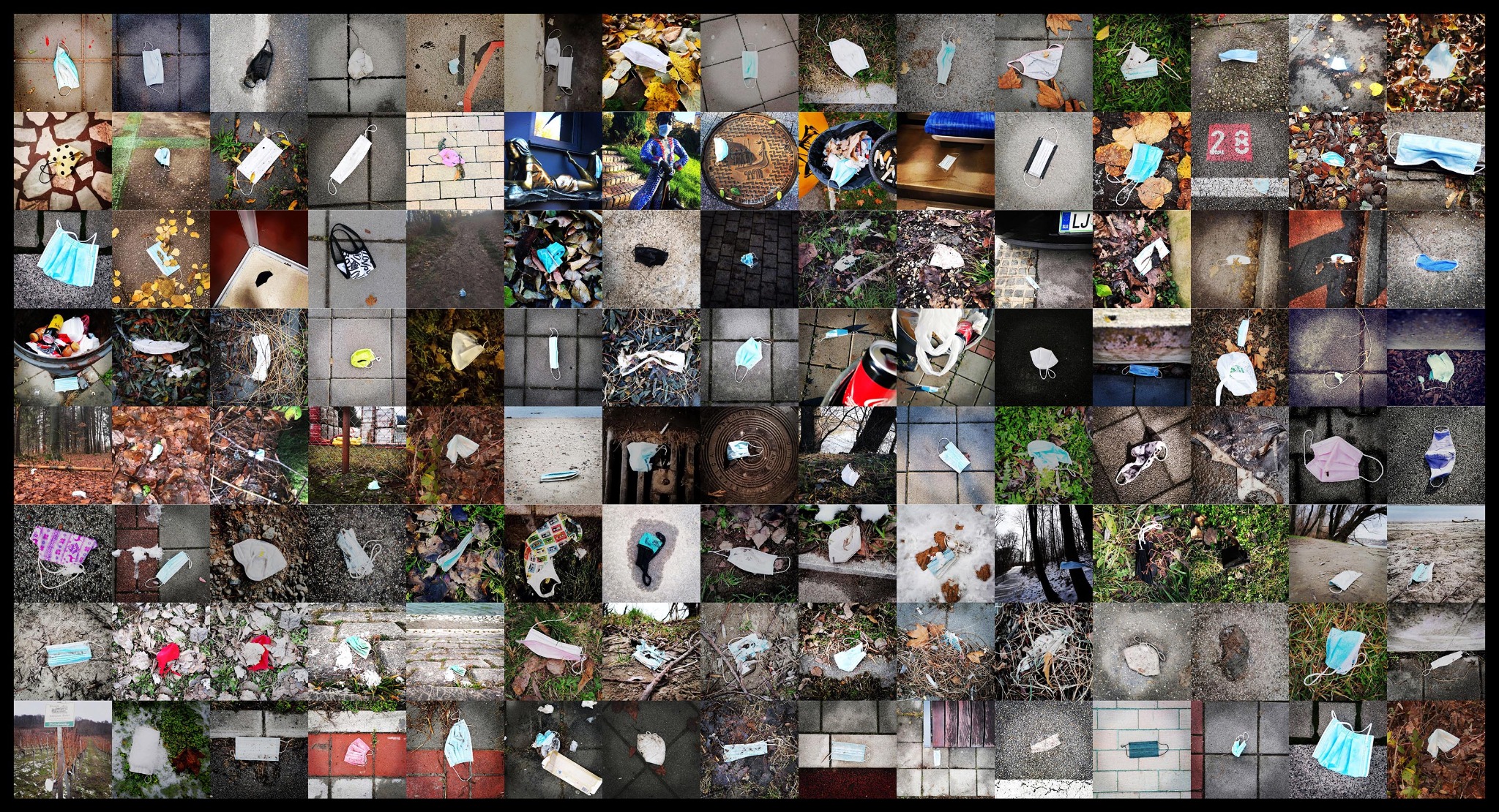 A grid of photographs documenting discarded face masks on pavements, grass, leaves, and other surfaces