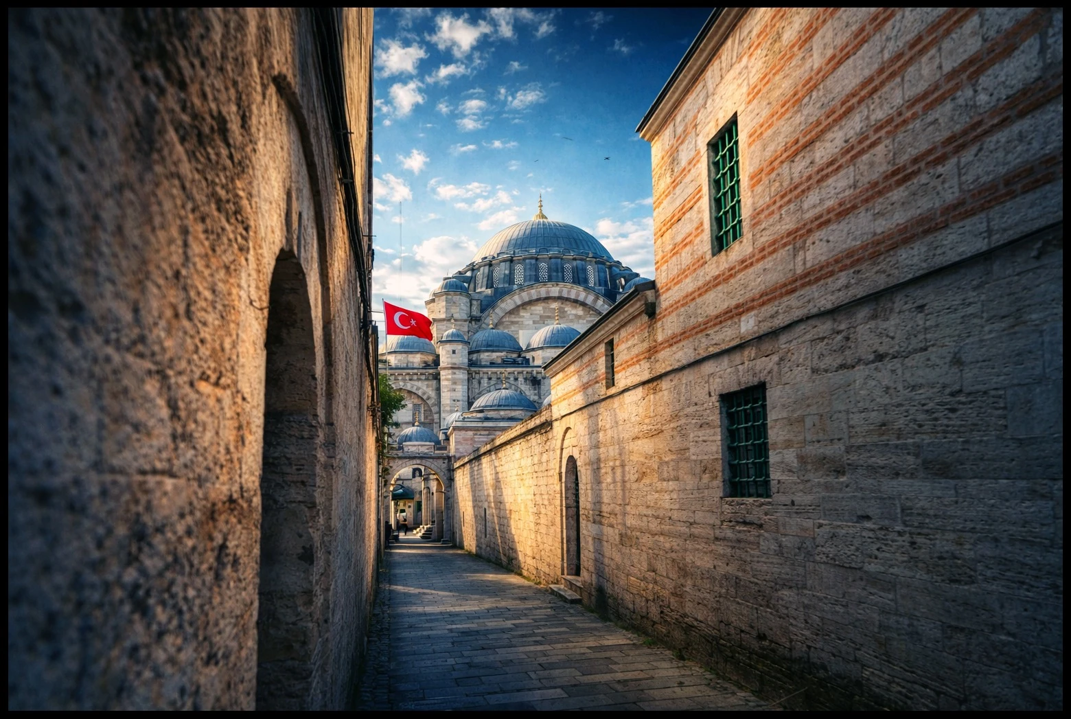 A mosque dome visible beyond a narrow stone-lined alley