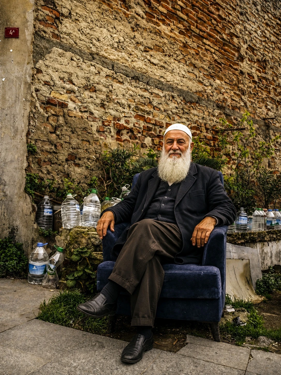 A seated older man with a white beard beside a stone wall