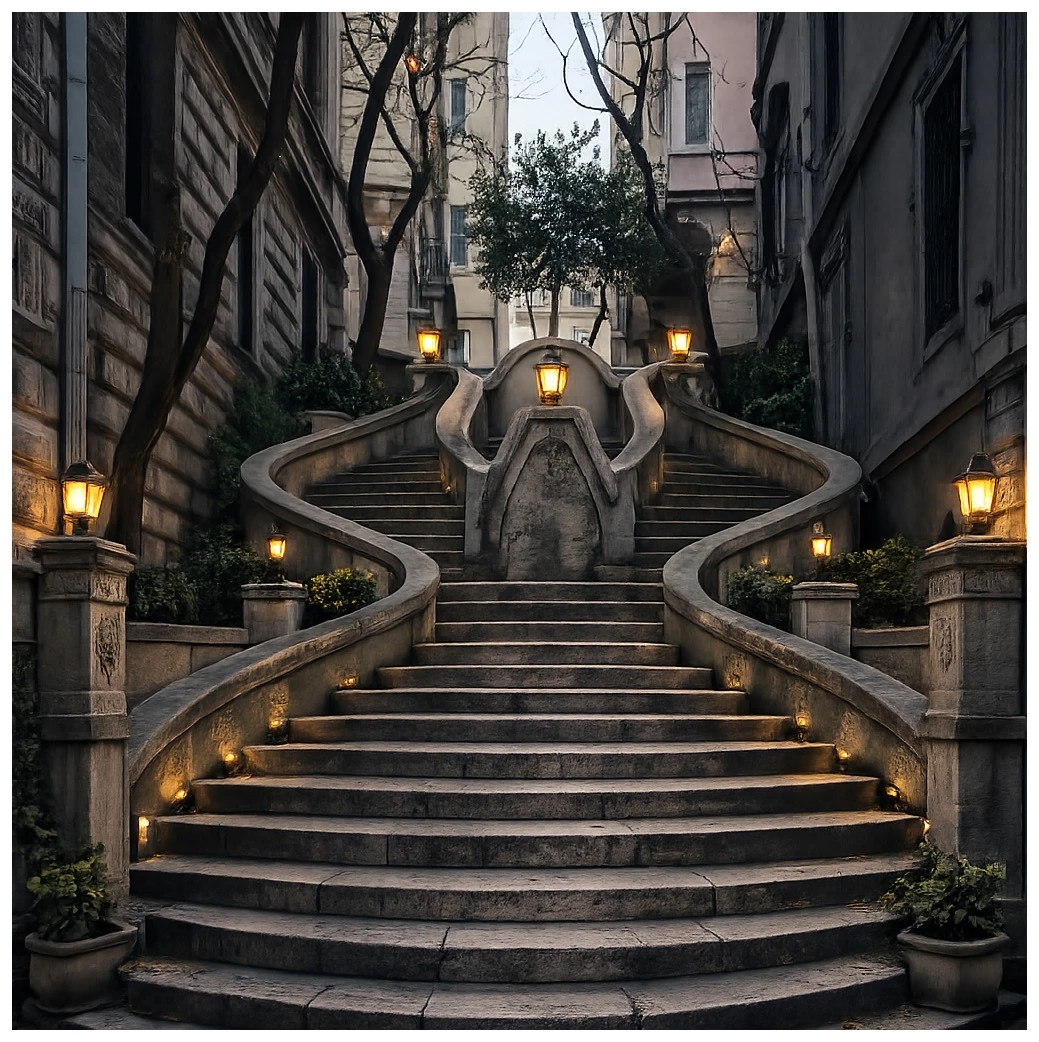 A curving staircase between buildings with a tree and warm lamps