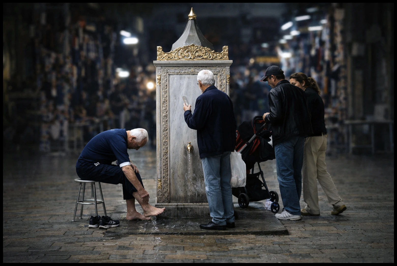 People gathered beside an illuminated fountain