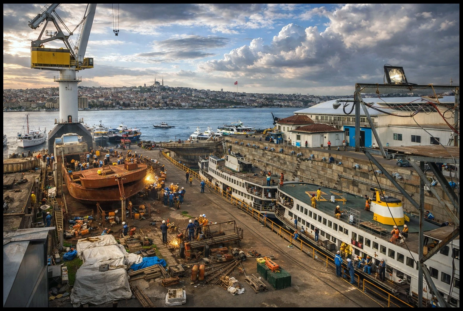 Ships, cranes and work areas beside the harbour