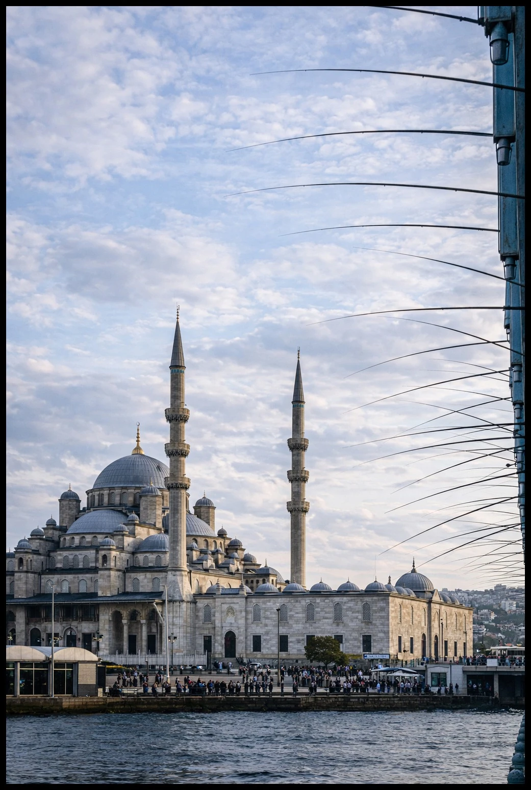 Fishing rods framing a mosque across the water