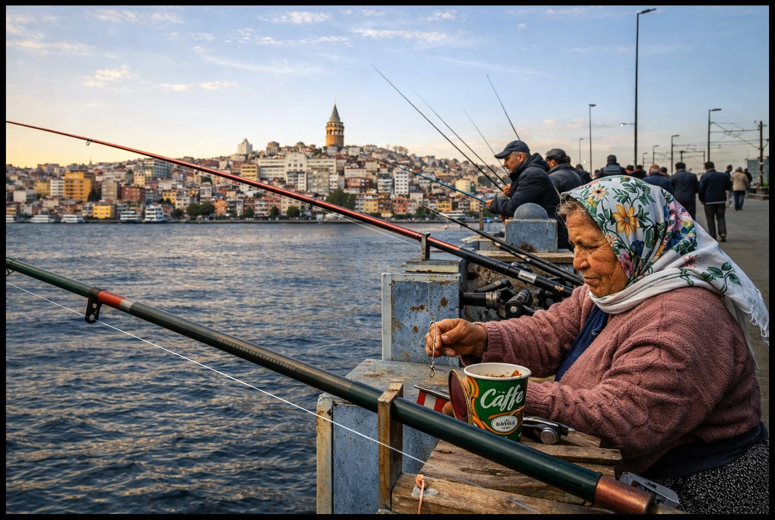A woman fishing beside other anglers on a city bridge