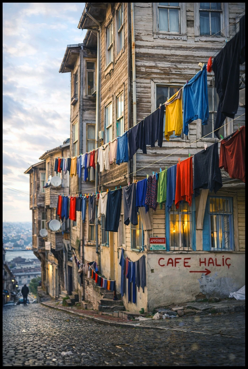 Bright clothes drying along weathered wooden houses on a cobbled street