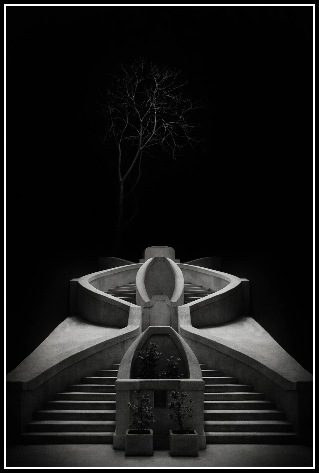 A sculptural staircase beneath a bare tree against a dark background