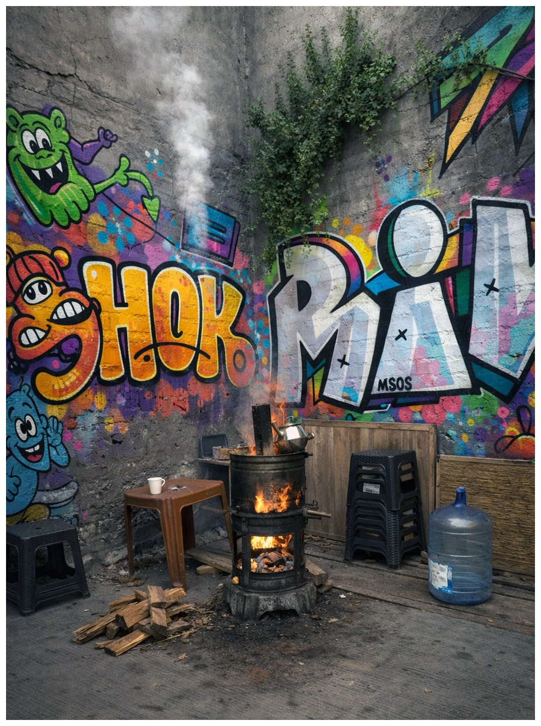 A tea kettle over a fire in a corner surrounded by colourful graffiti