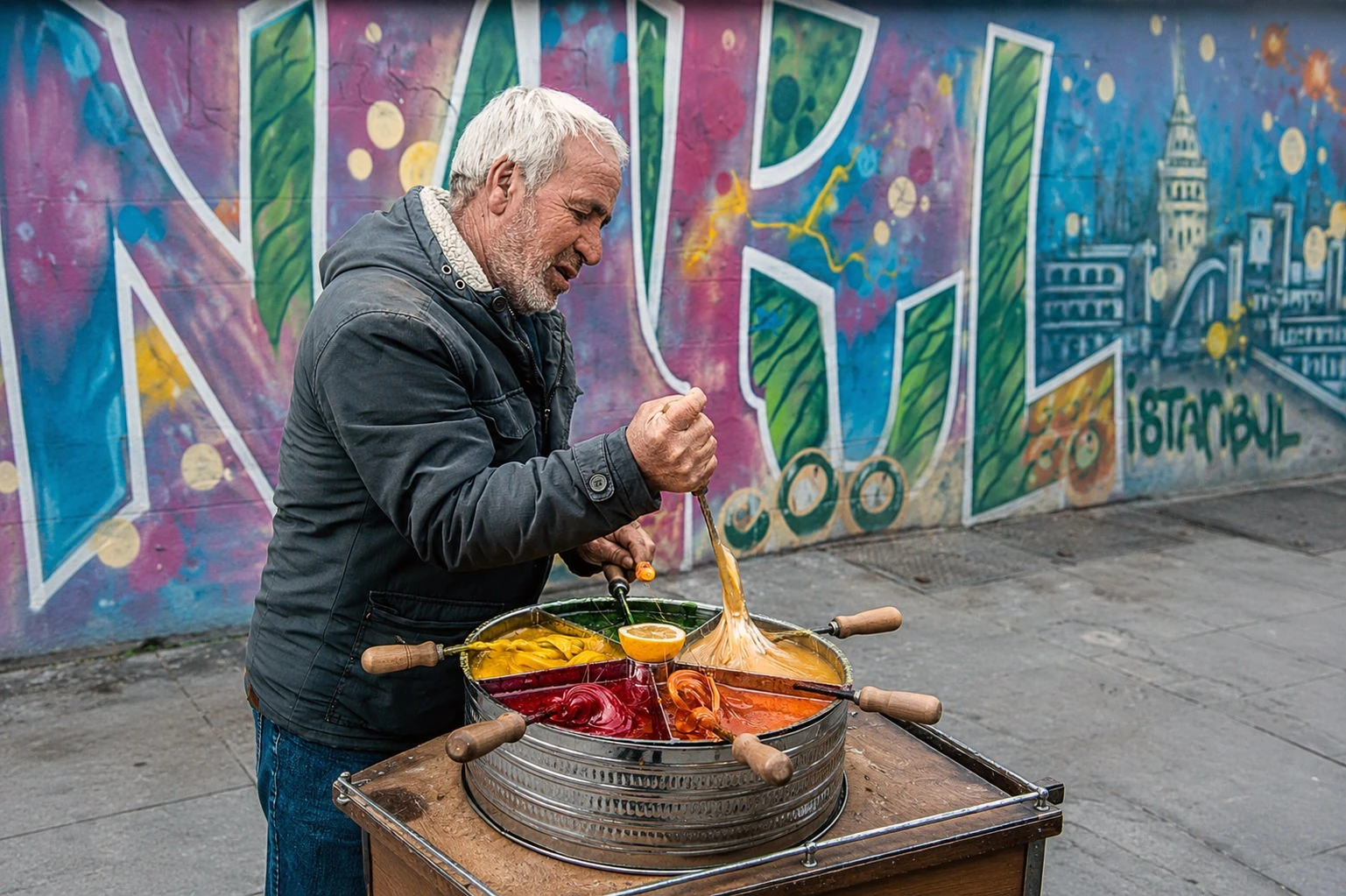 A street vendor shaping colourful candy beside a painted wall