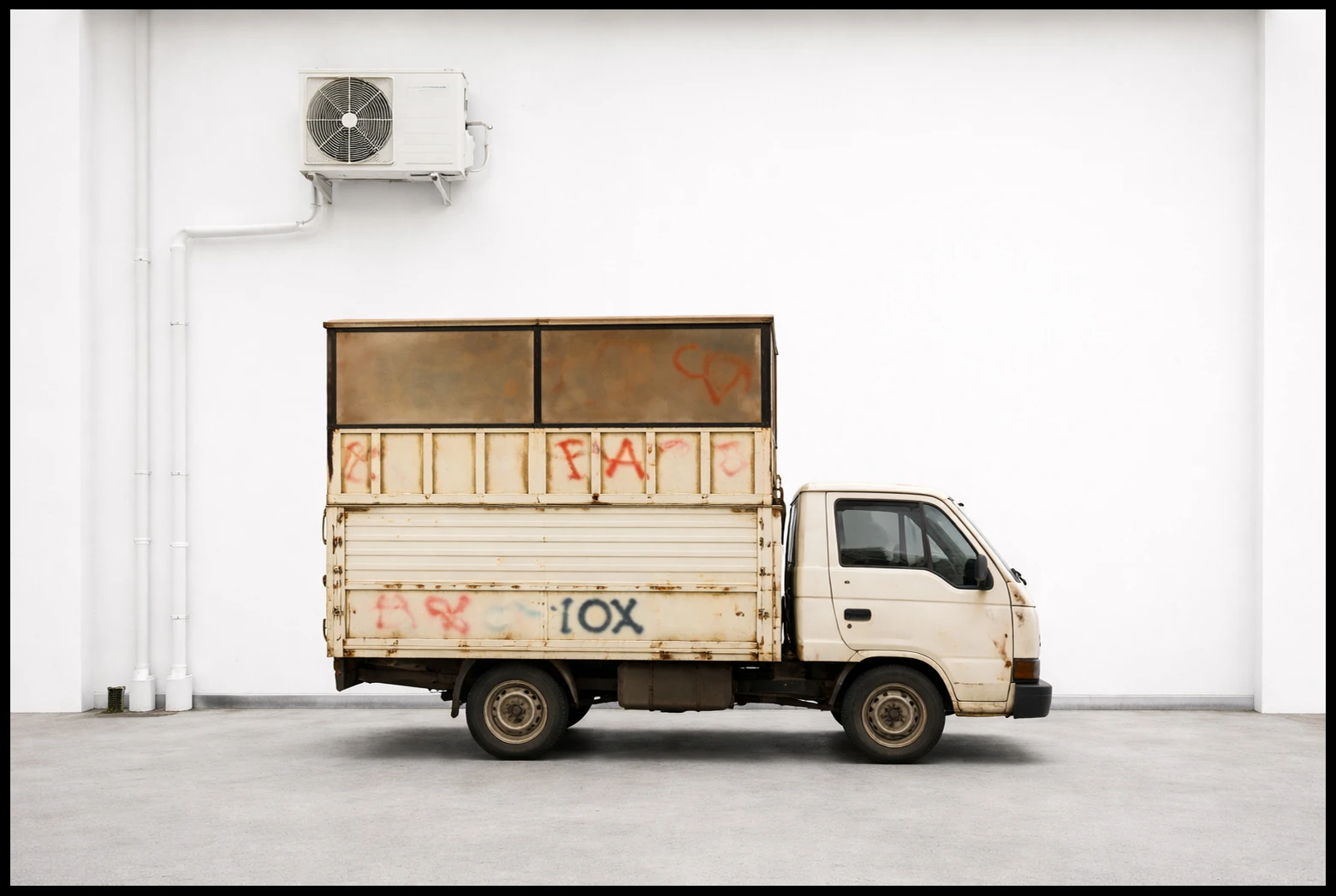 A small flatbed truck parked beside a white wall