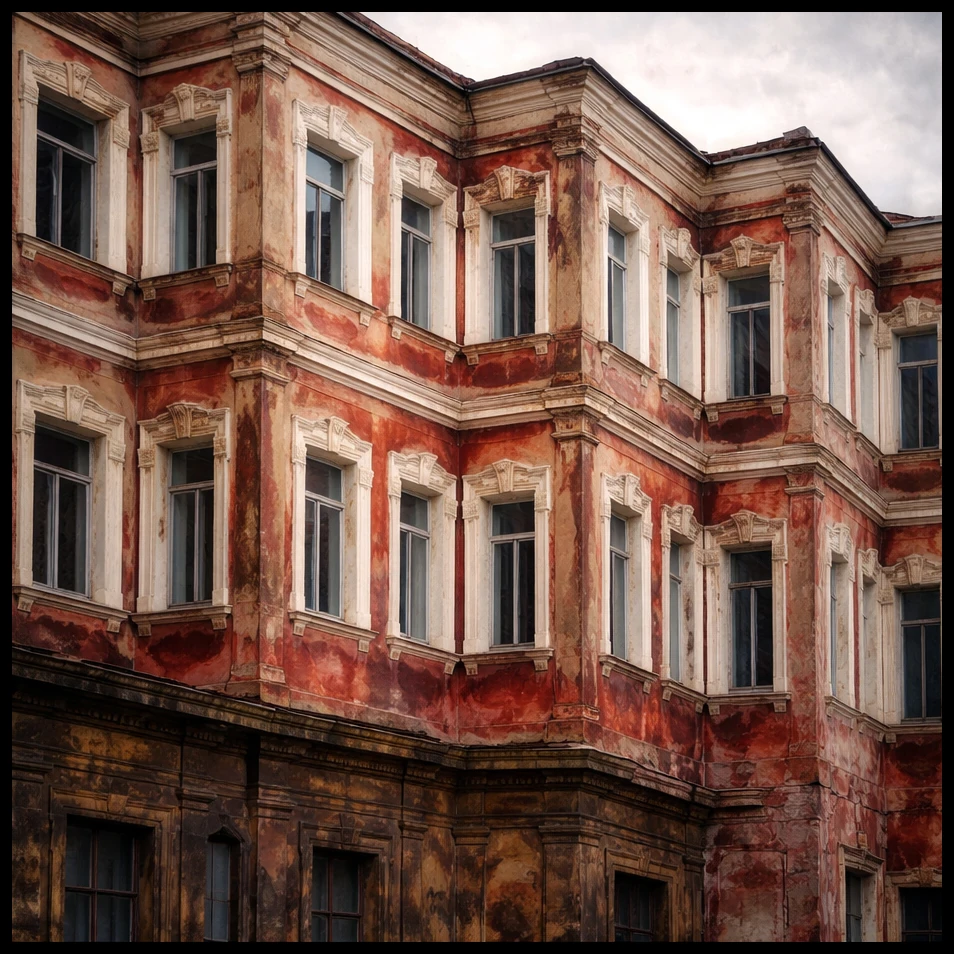 A weathered red corner building with rows of tall windows