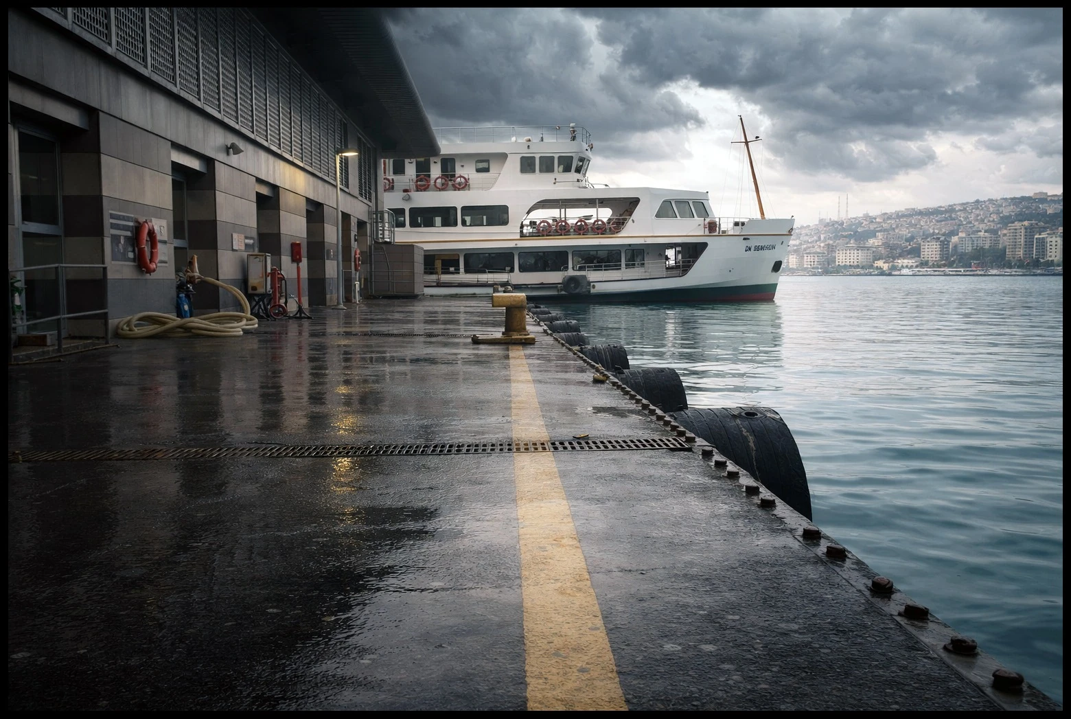 A ferry beside an empty waterfront dock