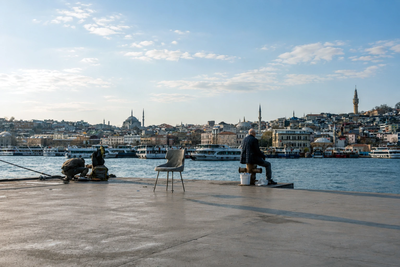 People fishing from a concrete waterfront with chairs and the city across the water