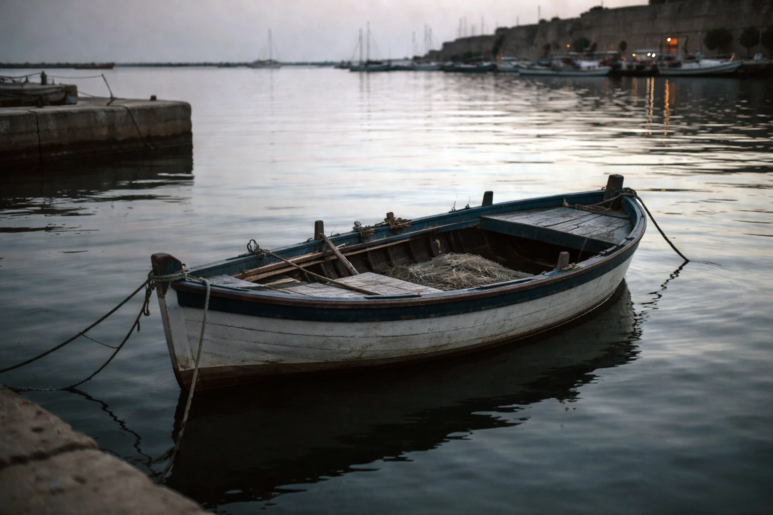 A wooden batana moored beside the waterfront in Rovinj