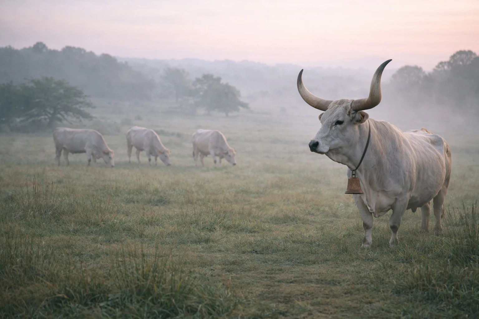 Boškarin cattle standing in a misty field