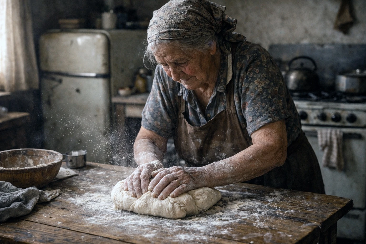 A woman kneading bread dough on a flour-covered table