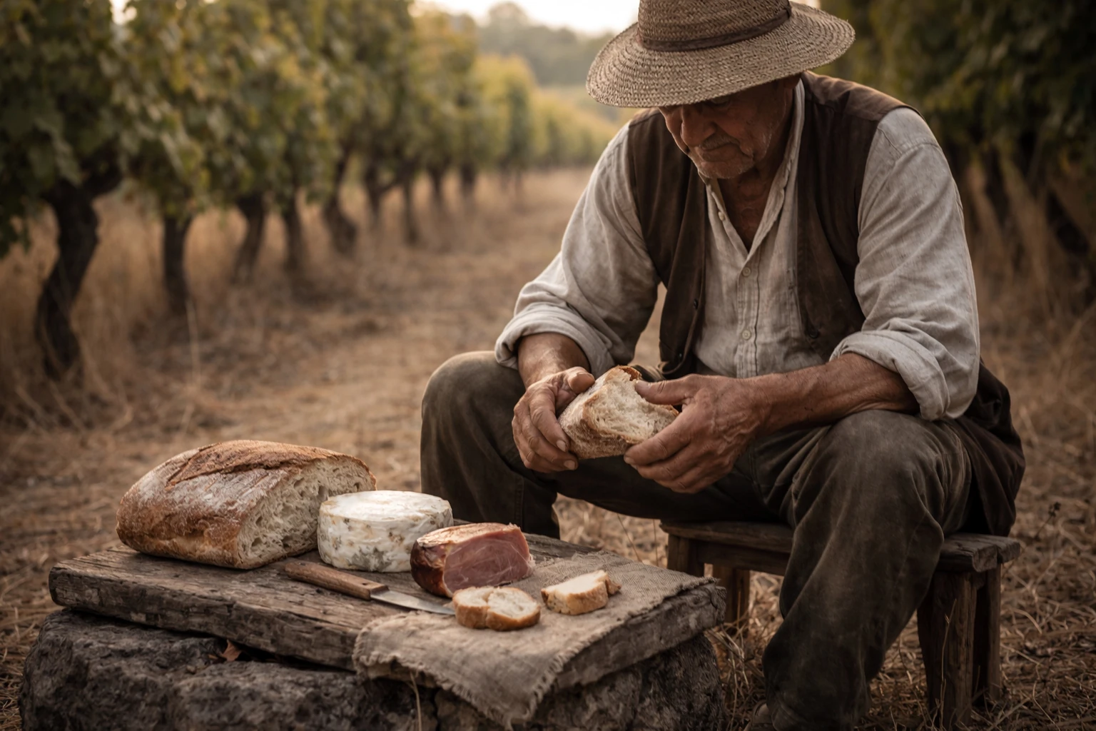 A man preparing breakfast beside rows of vines