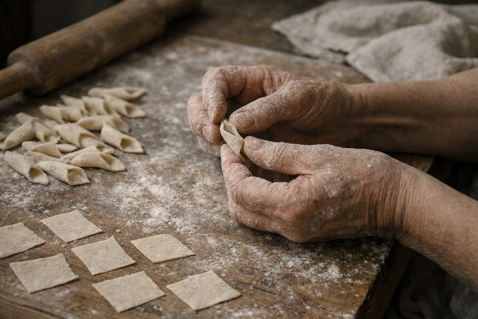 Hands shaping fuži pasta on a flour-covered work surface