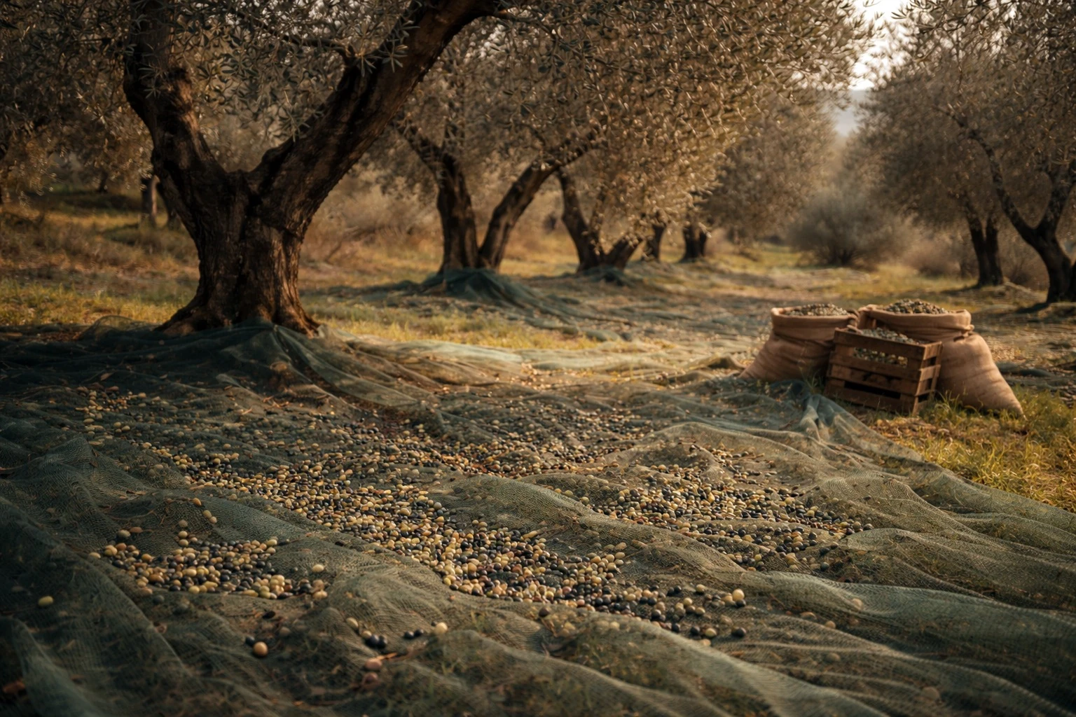Harvest nets spread beneath olive trees