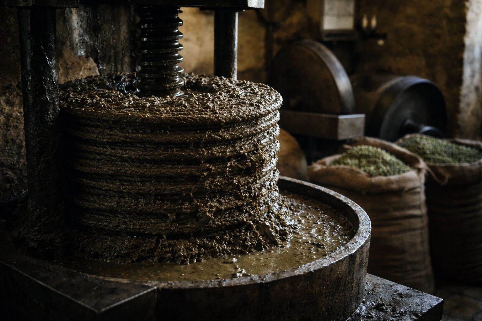 Stacked pressing mats beneath an old olive press