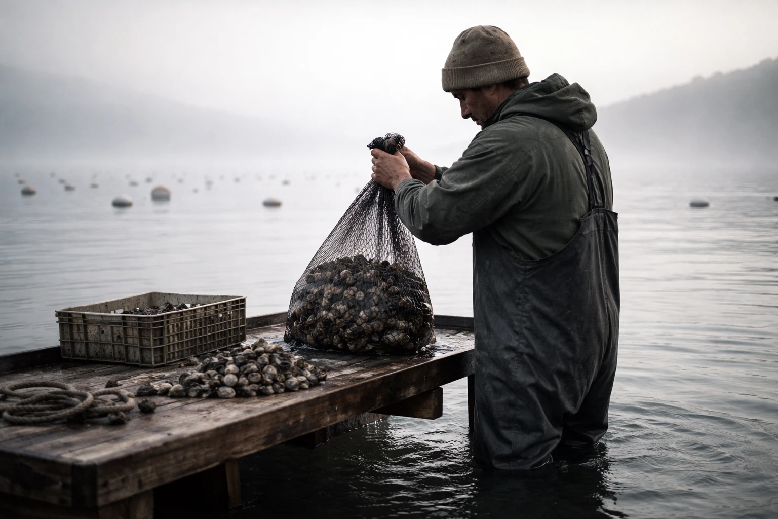 A worker handling a bag of shellfish beside the water