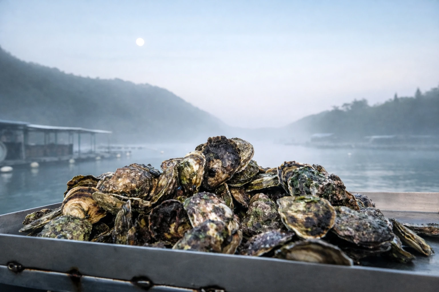 Fresh oysters beside the calm water of Lim Bay