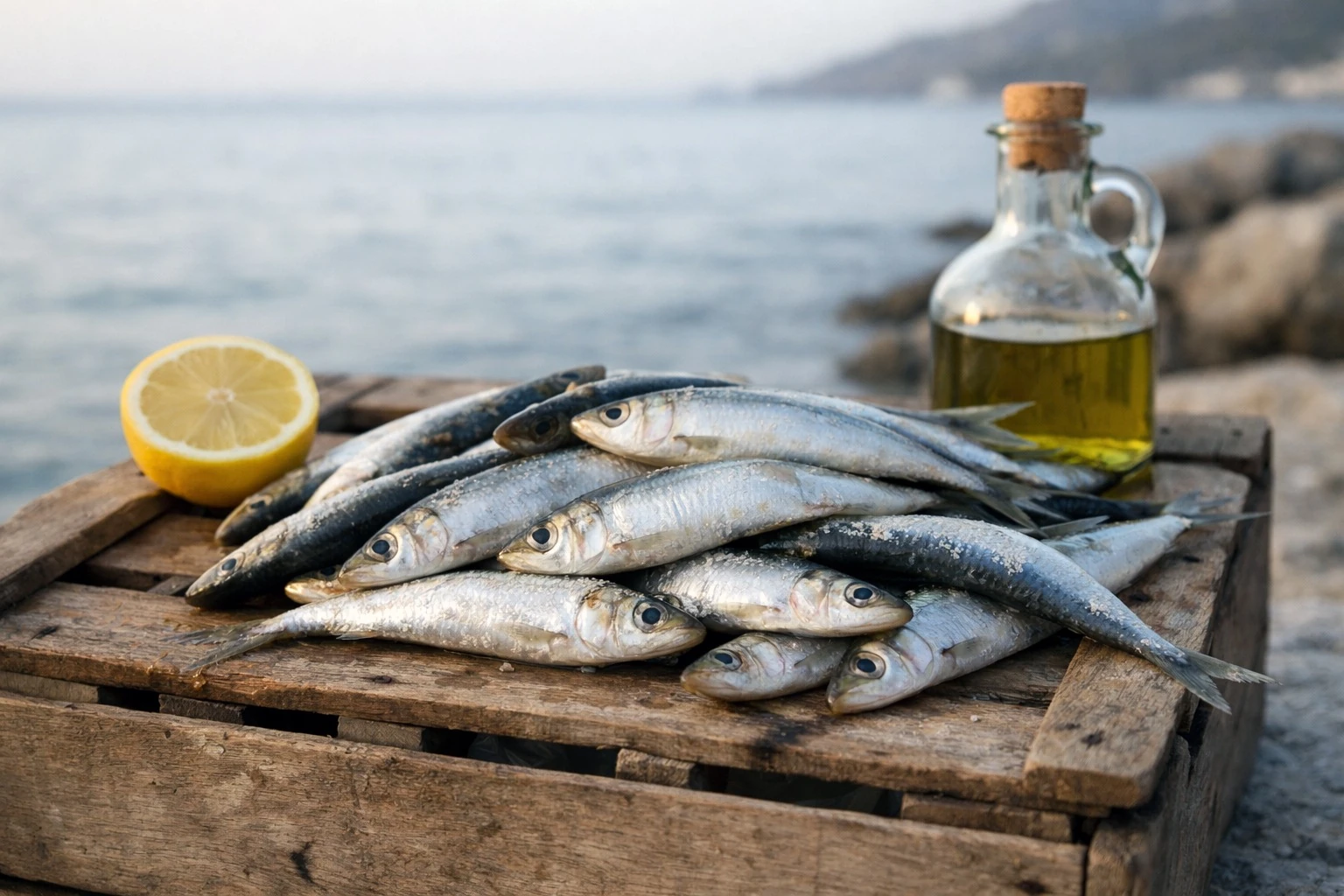 Sardines, lemon and olive oil on a wooden surface beside the sea