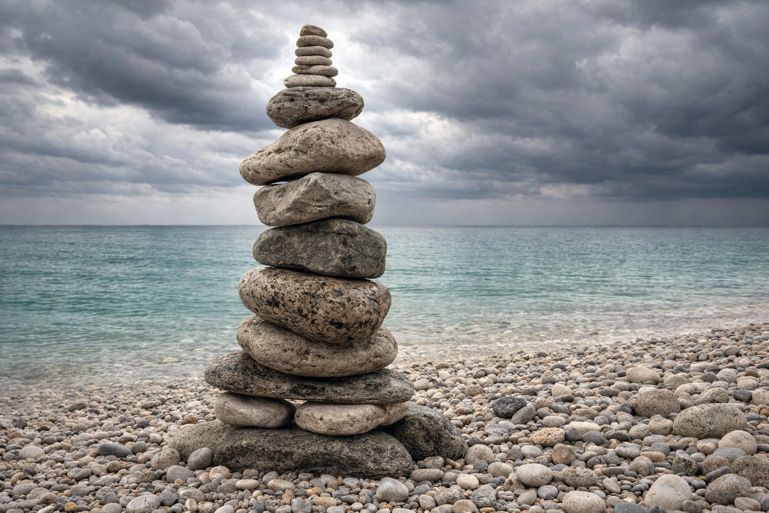 A stack of balanced stones on a pebble beach