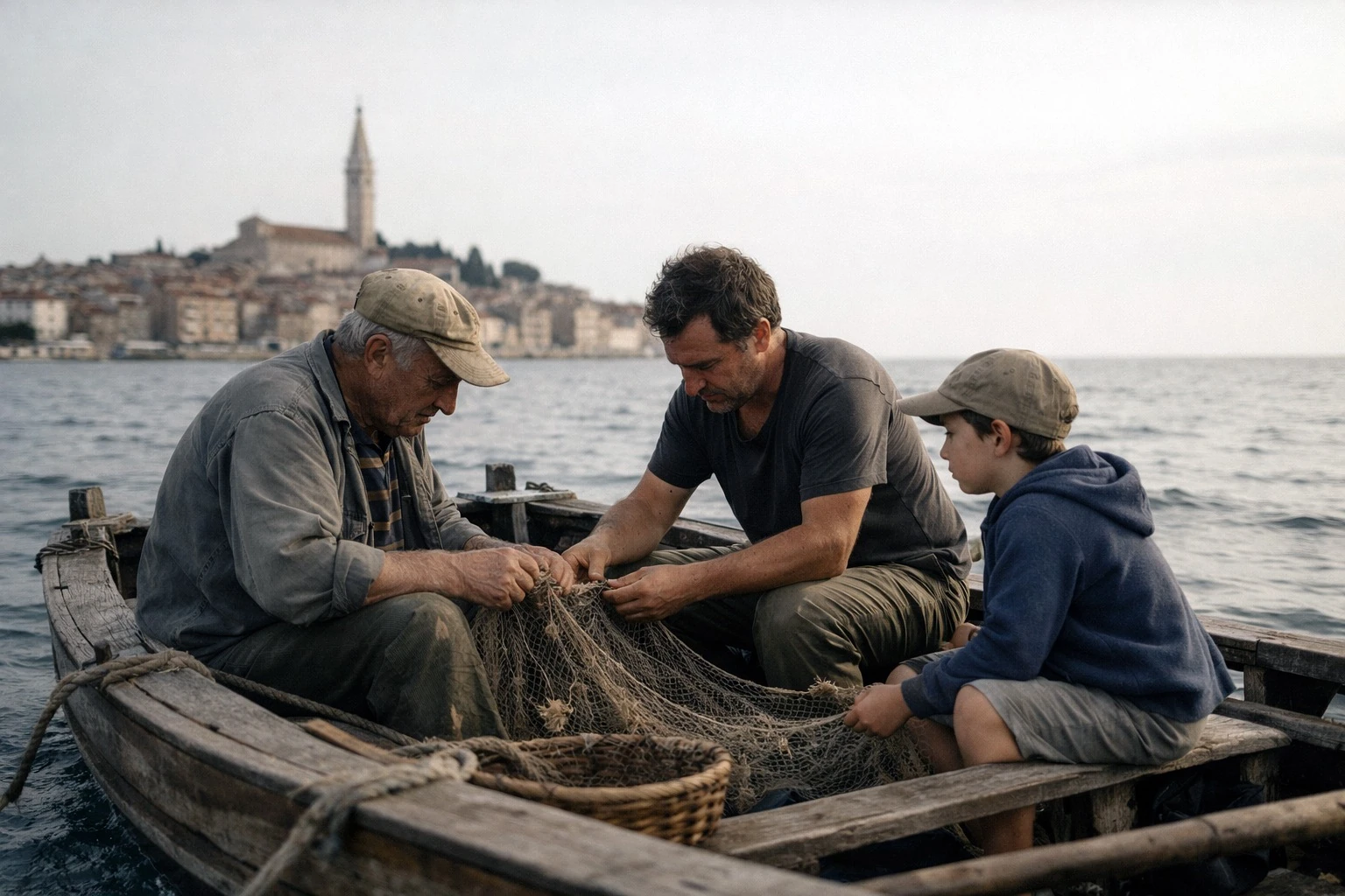 Three people working with a fishing net in a wooden boat