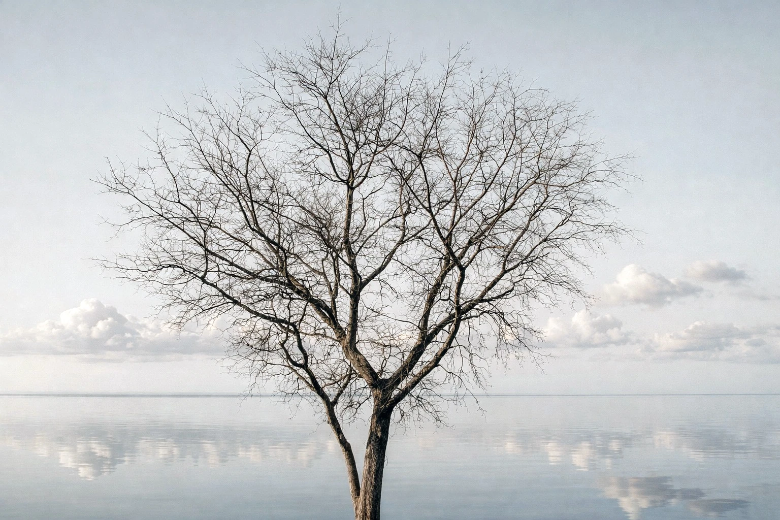 A bare tree reflected in pale, still water