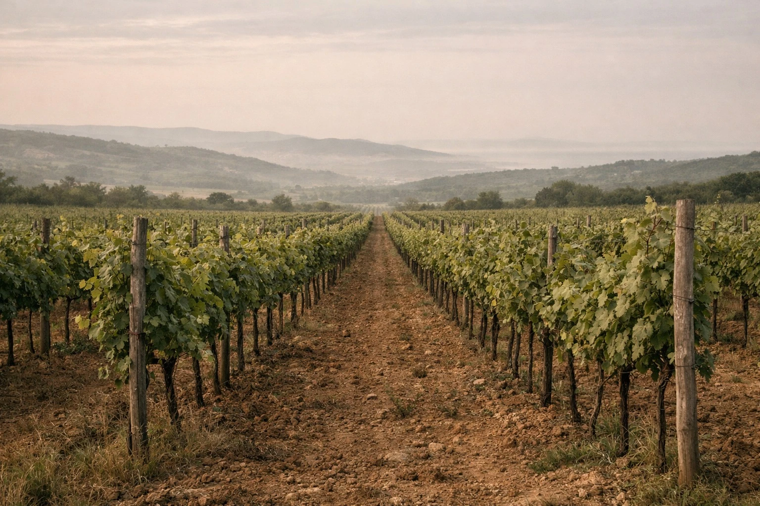 Rows of vines stretching towards softly lit hills